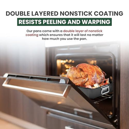 Large Roasting Pan With Rack 12” X 16” - Non Stick Large Roaster Pan and Flat Rack With Foldable Handles - Roasting Pans for Ovens to Elevate Food for Even Heating - Dishwasher Safe Turkey Roast Pot