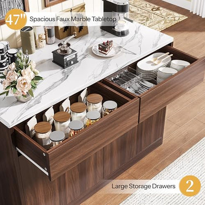 Kitchen Island with Storage, 47.2" Large Faux Marble Countertop Kitchen Island with 2 Drawers and Adjustable Shelves, Coffee Bar Station, Beveled Edge Door Cabinet, Dining Table for 2-4 People, Walnut