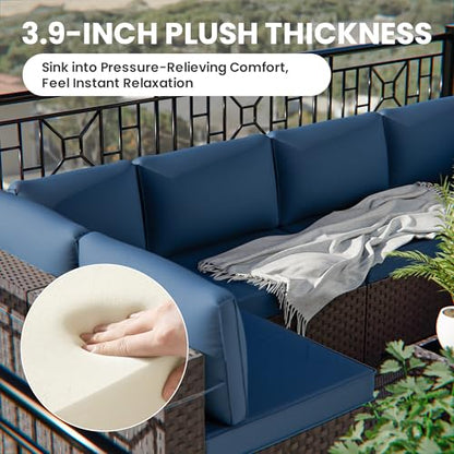 RTDTD 11 Pieces Outdoor Patio Furniture Set,Outdoor Sectional Furniture with 45" 55000 BTU Gas Propane Fire Pit Table,PE Rattan Wicker Patio Conversation Set,Swivel Rocking Chairs Set,Navy Blue