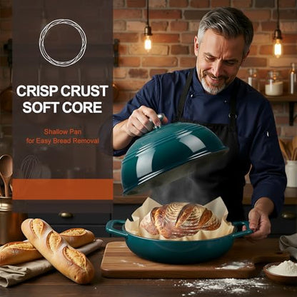 Overmont Enameled Cast Iron Bread Oven - 6QT Bread Dutch Oven for Sourdough Baking - Bread Pot with Dome Lid Cotton Potholders & Cookbook - Multi-Functional Bread Pan For Baking Frying Roasting