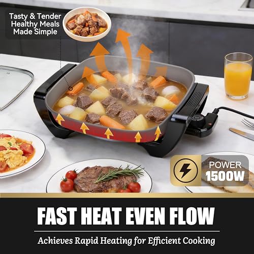 FineMade 12-inch Family Size Electric Skillet with Lid, Ceramic Skillet Electric, Square Skillet, Non Stick Electric Skillet Griddle Pan, PFAS-Free Temperature Control, 1500W, 6 QT, Gray