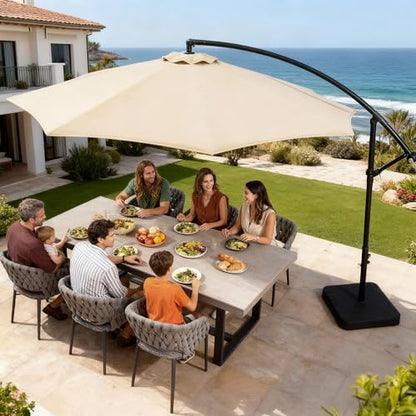 OLILAWN Cantilever Offset Patio Umbrellas, Outdoor 10 feet Large Patio Umbrella with Base Included, Upgraded Yarn-dyed Fabric Shade, Sturdy 8 Rids, 360 Degree Rotation & Easy Tilt Adjustment, for Pool Deck Porch Backyard Garden, Beige