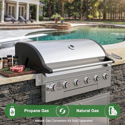 Brand-Man Propane Gas Grill, 40-Inch 6-Burner Built-In Head BBQ Island Outdoor Kitchen, Natural Gas Convertible, Heavy Duty 304 Stainless Steel, 60,000BTUs