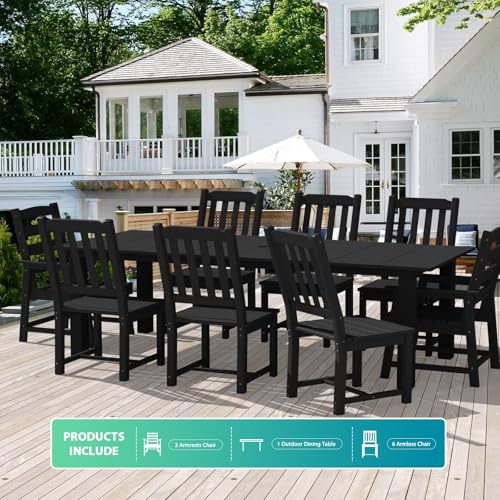 LOUNZY 9 Pieces Patio Dining Sets,Outdoor HDPE Furniture Set for 8 w/ 2" Hole Cut-Out Dining Table with 8 Patio Chairs(2 W/Armrest, 6 w/o Armrest),Black