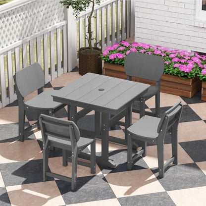 BIVODA 5-Piece HDPE Outdoor Dining Set, Weatherproof Patio Table and Chairs Set for 4, Includes 1 Square Table and 6 Armless Chairs, with Umbrella Hole (Grey)