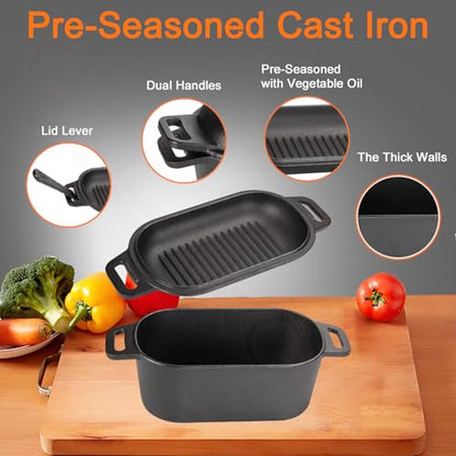 OLLAKOK 2-in-1 Pre-Seasoned Cast Iron Dutch Oven Pot with Lid as Skillet, Grill Pan, with Lid Lever, Dual Loop Handles, Oval Heavy Dutch Oven for Bread Baking, Frying, Camping, BBQ, 3.8 QT Black