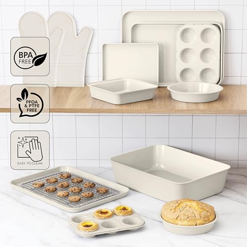 Country Kitchen Nonstick Stackable Bakeware Set - Deluxe Heavy Duty, Durable, Easy Release Baking Set, Cream, 13 Pcs