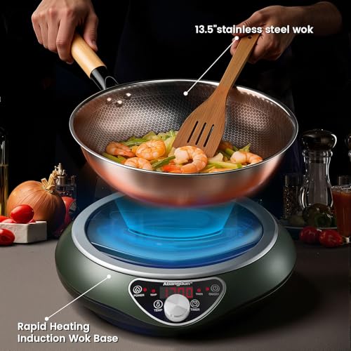 ABngdun Concave Induction Wok Cooktop, 1700W 120V Portable Induction Burner Electric Hot Plate (Cooktop with Stainless Steel Wok)