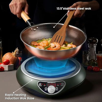 ABngdun Concave Induction Wok Cooktop, 1700W 120V Portable Induction Burner Electric Hot Plate (Cooktop with Stainless Steel Wok)