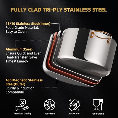 Ciwete 8 Quart Stock Pot with Lid, Upgraded Tri-Ply Stainless Steel Pot, Seamless Soup Pot with Stay-Cool Brass Handle, Healthy Polished Stockpots, Induction Cookware, Oven and Dishwasher Safe