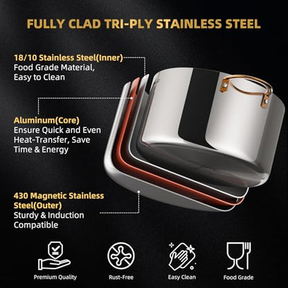 Ciwete 8 Quart Stock Pot with Lid, Upgraded Tri-Ply Stainless Steel Pot, Seamless Soup Pot with Stay-Cool Brass Handle, Healthy Polished Stockpots, Induction Cookware, Oven and Dishwasher Safe