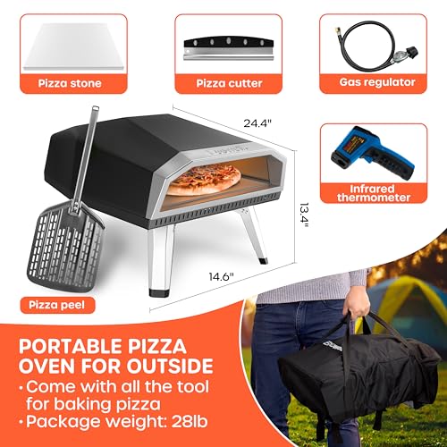 Outdoor Propane Gas Pizza Oven – 12" Camping Pizza Oven with Gas Regulator Cooks Pizza In 80-second, Propane Grill Reaches 930°F, with Pizza Stone/Peel/Cutter/Infrared Thermometer (12 Inches)