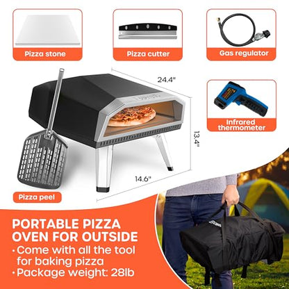 Outdoor Propane Gas Pizza Oven – 12" Camping Pizza Oven with Gas Regulator Cooks Pizza In 80-second, Propane Grill Reaches 930°F, with Pizza Stone/Peel/Cutter/Infrared Thermometer (12 Inches)