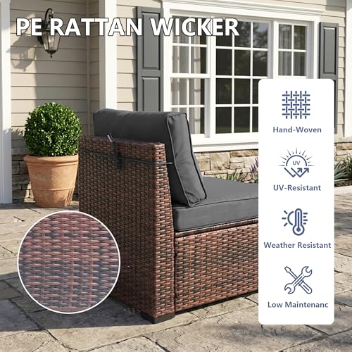 Decksplore 7 Piece Patio Furniture Set, Modular All-Weather PE Rattan Wicker Outdoor Sectional Sofa Conversation Set with Tempered Glass Coffee Table, 4.3" Thick Cushions & Furniture Cover, Grey