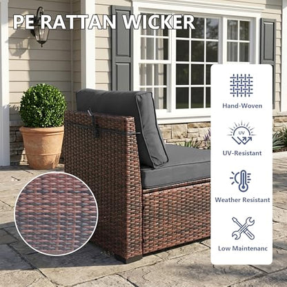 Decksplore 7 Piece Patio Furniture Set, Modular All-Weather PE Rattan Wicker Outdoor Sectional Sofa Conversation Set with Tempered Glass Coffee Table, 4.3" Thick Cushions & Furniture Cover, Grey