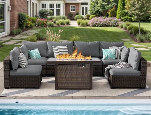 TANGJEAMER 7 Pieces Patio Furniture Set with 44" Fire Pit Table, Rattan Outdoor Sectional Conversation Sets, All Weather Outdoor Furniture Set with Cushions for Garden Lawn Balcony Porch Deck, Grey