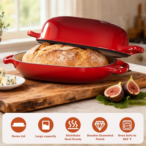 Enameled Cast Iron Sourdough Bread Oven, Dutch Oven, incl. Sourdough Bread-Baking Supplies like Banneton Bread-Proofing Basket - 5QT Loaf Cast Iron Bread Pan for Homemade Bread Baking, Red Meatloaf Pan with Lid