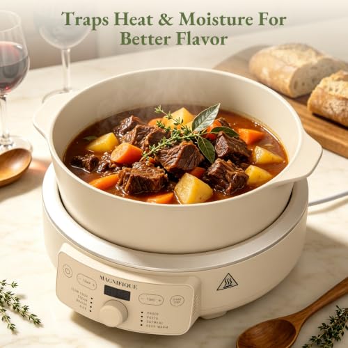 MAGNIFIQUE Slow Cooker, 4.5 Quart 8-in-1 Clay Pot Multi-Cooker, Non-Toxic Slow Cooker for Rice, Pasta, Steam & Proof, Nonstick, Oven Safe Pot to 500°F, Oatmeal