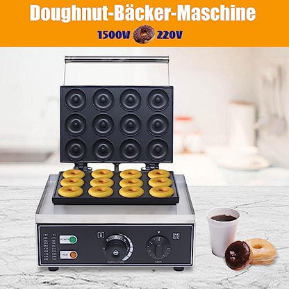 Rocoreny Mini Donut Maker, Pancakes Maker Machine,1550W Electric Commercial Waffle Donut Machine Double-Sided Heating 50-300℃ Non-Stick Coating For Professional Kitchen, Bakery, Dessert Shop (12Holes)