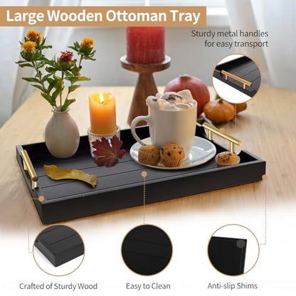 SXNOWS Coffee Table Trays - Large Ottoman Tray for Living Room -Wood Serving Tray with 2 Sets of Handles - Wooden Tray for Coffee Table, 4 Round Coasters Included, Black