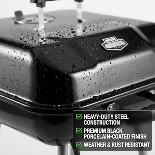 17.5 Inch Square Charcoal Grill with Wheels, Portable Outdoor BBQ Kettle Grill for Patio and Backyard Cooking, Porcelain-Coated Steel Grates and Adjustable Dampers, 302 Sq In Cooking Area, Black