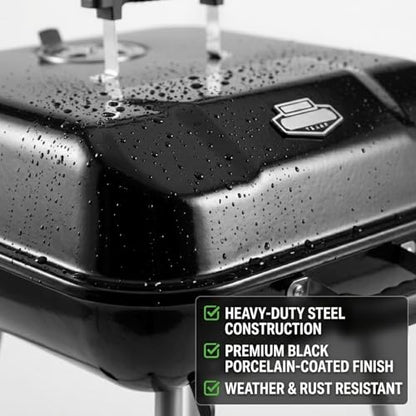17.5 Inch Square Charcoal Grill with Wheels, Portable Outdoor BBQ Kettle Grill for Patio and Backyard Cooking, Porcelain-Coated Steel Grates and Adjustable Dampers, 302 Sq In Cooking Area, Black
