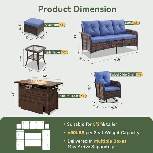 Aoxun 12-Piece Wicker Outdoor Patio Furniture Set with 44" Fire Pit Table