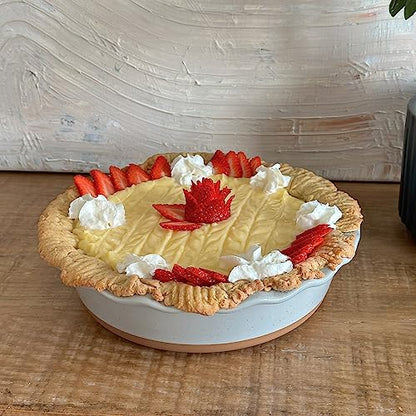 Mora Deep Fluted Ceramic Pie Dish for Apple Pie, Quiche, Tart - 9 inch - Modern Farmhouse Style Porcelain - Earl Grey