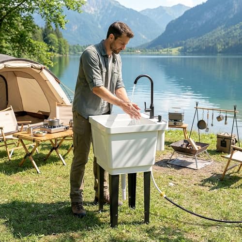 Outsunny 23-Gallon Utility Sink Laundry Tub for Washing Room, Freestanding Laundry Sink with Soap Dispenser, Faucet, Inlet and Drain Hoses, Portable Utility Tub for Indoor & Outdoor, White