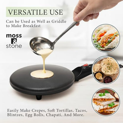 Moss & Stone Electric Crepe Maker – 8” Portable Crepe Pan Nonstick with Dipping Plate, Auto Shut-Off, On/Off Switch, Even Heating & One Automatic Temperature Control – Compact Crepe Maker