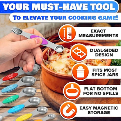 8 Pcs Magnetic Measuring Spoons Set Stainless Steel – Magnet Measuring Spoons 1/8 Tsp–1 Tbsp with Dual-Sided Design – Fits Narrow Spice Jars | Dry & Liquid Ingredients | Kitchen Ladle Gift Ideas