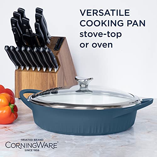 CorningWare QuickHeat 4-QT Cast Aluminum Braiser With Lid, Nonstick Ceramic Interior, Lightweight and Fast Even Heat Baking & Cooking, For Meats, Soup, Browning, Searing, French Navy