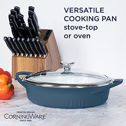 CorningWare QuickHeat 4-QT Cast Aluminum Braiser With Lid, Nonstick Ceramic Interior, Lightweight and Fast Even Heat Baking & Cooking, For Meats, Soup, Browning, Searing, French Navy