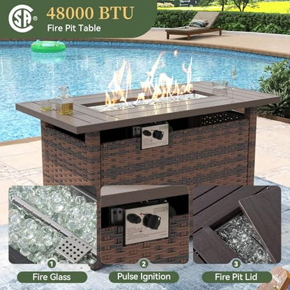 Aoxun 8 Piece Patio Furniture Set with 44” Fire Pit Table Wicker Rattan Outdoor Sectional Sofa Set with Coffee Table and Thickened Cushions, Beige (Waterproof Cover Included)