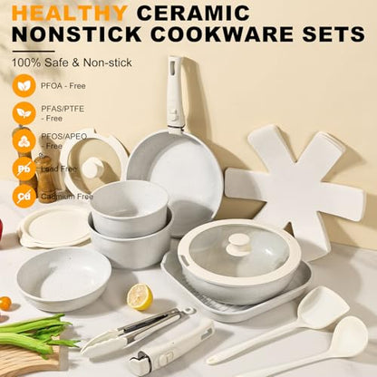 Tibbicc Pots and Pans Set Non Stick 20PCS, Ceramic Cookware Set Detachable Handle Non Toxic Stackable Kithchen Set, Dishwasher Oven Safe Induction Compatiable Frying Pans Pots Skillets, White