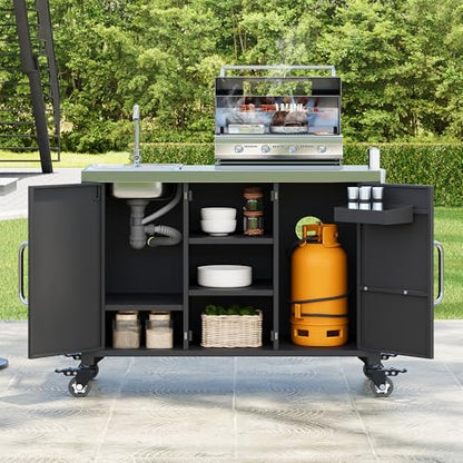 Merax 55.5" Outdoor Kitchen Island, Metal Grill Cart Table with 304 Stainless Steel Sink, Outdoor Bar Cart Sink Station with 4 Lockable Wheels for Pizza Prep & BBQ, Black
