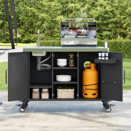 Merax Outdoor Kitchen Island with Sink, 55.5" Stainless Steel Kitchen Island with Storage, Metal Rolling Coffee Grill Bar Cart with Spice Rack Towel Rack, Black