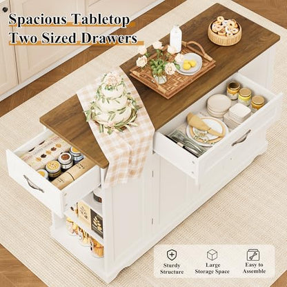 HOSTACK Kitchen Island Cart with Storage, 47'' Kitchen Storage Island on Wheels with 2 Drawers, Rolling Island Table with Adjustable Shelves, Mobile Buffet Sideboard Cabinet for Dining Room, White