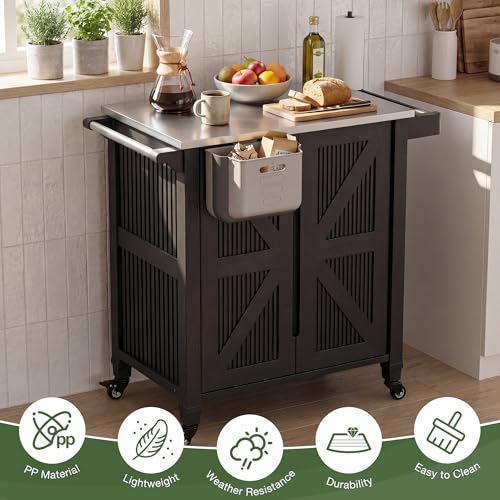 Outdoor Grill Cart with Stainless Steel Top, Outdoor Kitchen Island BBQ Prep Table, 2-Tier Storage Cabinet, Rolling Utility Station with Hanging Trash Bin, Wheels, Side Shelf for Patio, Yard, Picnic