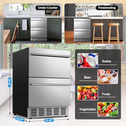 FoMup Under Counter Beverage Refrigerator 24 Inch, Outdoor Drawer Fridge Stainless Steel with Temperature Control for Home, Outdoor Patio and Commercial Use
