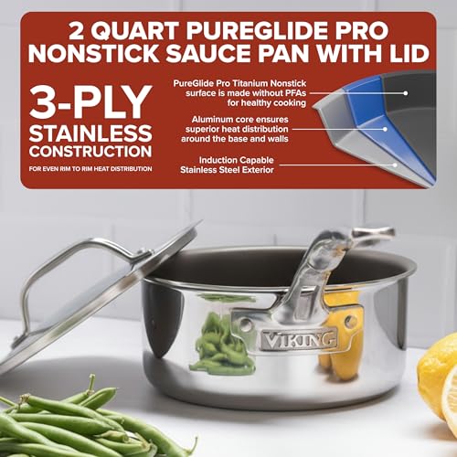 Viking PureGlide Pro 3-Ply Nonstick Sauce Pan, Made without PFAS, 2-Quart Induction Cooking Pot with Lid, Metal Utensil Safe Titanium Nonstick Surface, Oven Safe to 600F