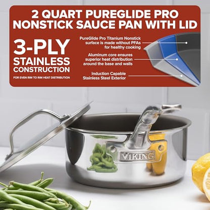 Viking PureGlide Pro 3-Ply Nonstick Sauce Pan, Made without PFAS, 2-Quart Induction Cooking Pot with Lid, Metal Utensil Safe Titanium Nonstick Surface, Oven Safe to 600F