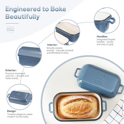 Ryede Dutch Oven for Sourdough Bread Baking, Enameled Cast Iron Dutch Oven Pot with Lid, 10×6 Bread Loaf Pans with Lid for Homemade Bread, Cake, Meatloaf, Oven & Induction Safe (Blue, 3.84 QT)