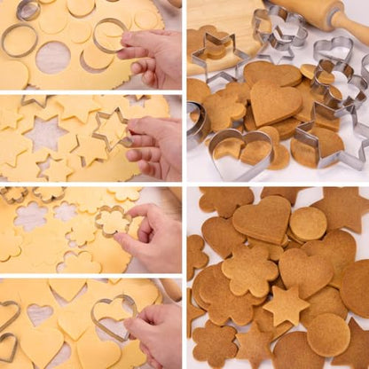 Metal Cookie Cutters Set 12 Pieces, Stainless Steel 3 Heart Cookie Cutters, 3 Star Cookie Cutters, 3 Flower Cookie Cutters, 3 Round Cookie Cutters for Valentine's Day Christmas Holiday
