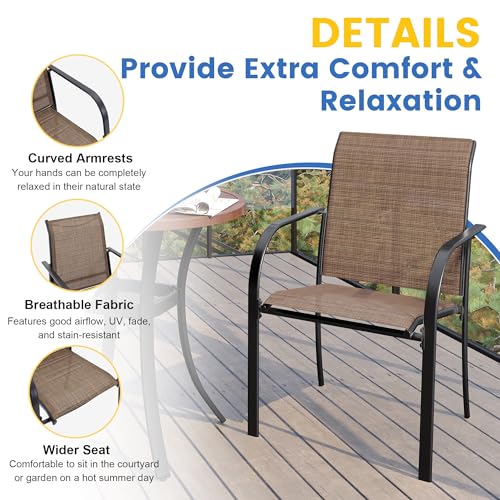 VICLLAX Large Patio Dining Furniture Set, Outdoor Dining Set for 10-60" Round Outdoor Table and Patio Stackable Chairs, Walnut Wood-Like Tabletop and Brown Fabric