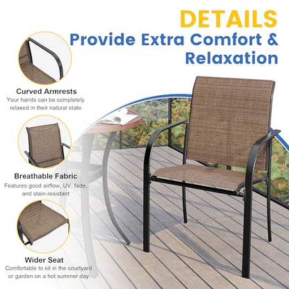 VICLLAX Large Patio Dining Furniture Set, Outdoor Dining Set for 10-60" Round Outdoor Table and Patio Stackable Chairs, Walnut Wood-Like Tabletop and Brown Fabric