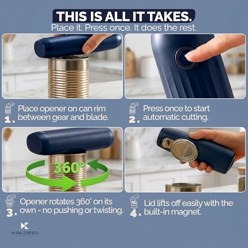 Kaldiro Electric Can Opener For Seniors – One-Touch, Auto-Stop, Rechargeable, Opens All Can Sizes - Compact, Food-Safe, Portable Side Cut Can Opener Smooth Edge For Effortless, Easy Kitchen Use