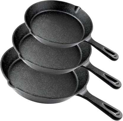 Simple Chef Cast Iron Skillet 3-Piece Set - Heavy-Duty Professional Restaurant Chef Quality Pre-Seasoned Pan Cookware Set - 10", 8", 6.1" Pans - For Frying, Saute, Cooking, Pizza & More,Black