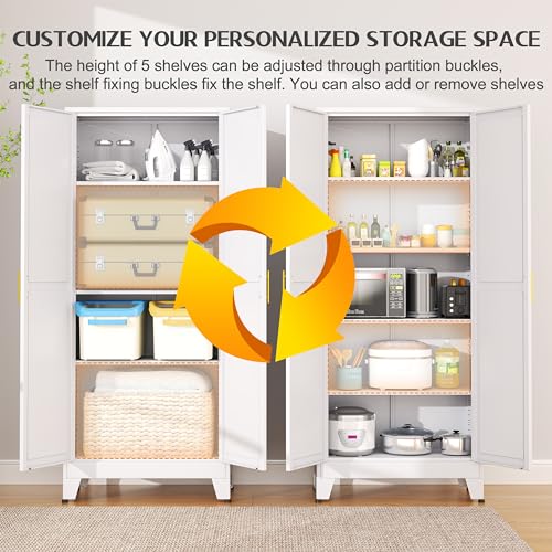 GAIOUS 75.2" Tall Metal Kitchen Pantry Storage Cabinets with 2 Door and 5 Adjustable Shelves, Cupboard for Kitchen, Dining Room, Living Room and Bathroom, White