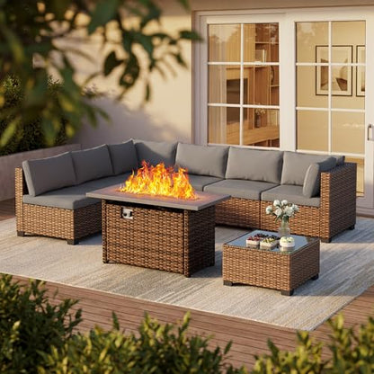 Qsun 8 Pieces Outdoor Patio Furniture Set with 44.9" Fire Pit Table, All-Weather Wicker Outdoor Patio Sectional Set with Coffee Table, for Garden, Backyard, Grey
